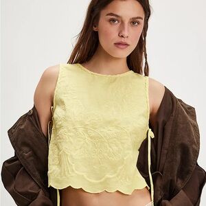 Free People Yellow Embroidered Sleeveless Crop Top